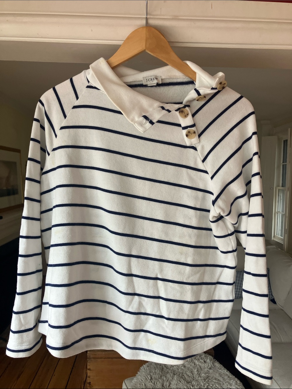 J. Crew White and Navy Striped Button-Shoulder Sweater